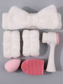 INS Style White Skincare & Makeup Tool Set - Facial Cleansing Brush, Makeup Sponge, Hair Band, Wristband, Cleaning Mat, Complete Grooming & Cosmetic Care Kit