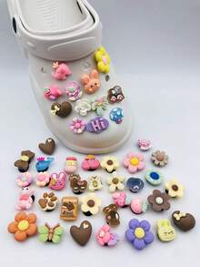 Set de 30 piezas/50 piezas/100 piezas de accesorios de zapatos DIY lindos con osos y flores de resina de dibujos animados (patrón aleatorio) - Multicolor - Ver 4