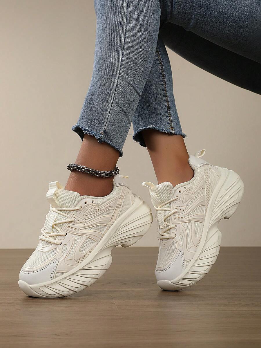 女士厚底厚底运动鞋，透气网眼增高休闲轻便运动鞋和百搭厚底乐福鞋 - 米色 - 查看 1