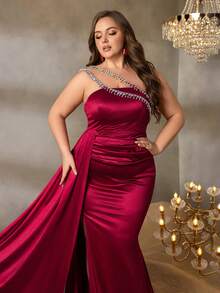 Faeriesty Vestido de noche elegante talla extra con adorno de cadena de strass y bajo de cola de sirena partida - Burdeos - Ver 8