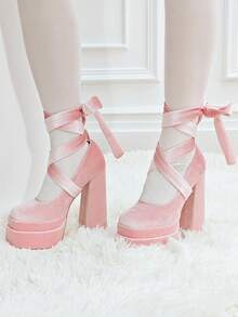 Lace Up Mary Jane Heels For Women Platform Chunky Heeled Shoes Goth Round Toe Y2K High Heels Lively Red Look - 淺粉色 - 查看 11