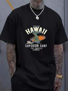 1 Pcs Dinosaur Pattern Printed T-Shirt, Casual Short Sleeve Round Neck T-Shirt, Outdoor Men's Clothing 180g 100% Cotton - 黑色 - 查看 1