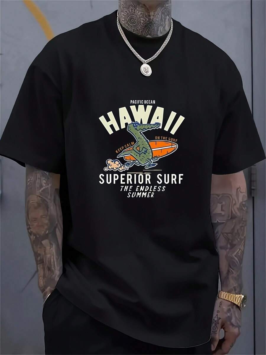 1 Pcs Dinosaur Pattern Printed T-Shirt, Casual Short Sleeve Round Neck T-Shirt, Outdoor Men's Clothing 180g 100% Cotton - 黑色 - 查看 1