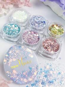 6瓶美人鱼彩色闪粉填充剂，类似五彩纸屑，适用于环氧树脂模具填充、DIY工艺品制作、艺术项目装饰、珠宝铸造