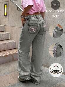 Y2K风格宽松直筒牛仔裤，后袋饰有蝴蝶结，欧美跨境新款休闲春季单品 - 淺灰色 - 查看 1