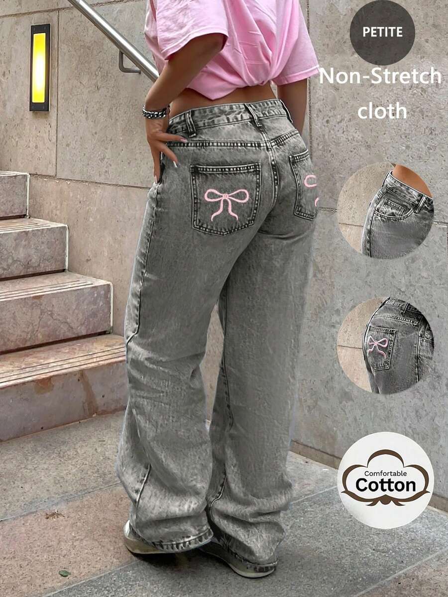 Y2K风格宽松直筒牛仔裤，后袋饰有蝴蝶结，欧美跨境新款休闲春季单品 - 淺灰色 - 查看 1