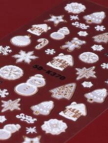2pcs White Gingerbread Embossed Winter Nail Stickers Christmas Tree Snowman Snowflake Snow House Christmas Ball 5D Cartoon Decals Holiday Nail Slider New Year Gift Manicure Decoration Supplies For Salon DIY