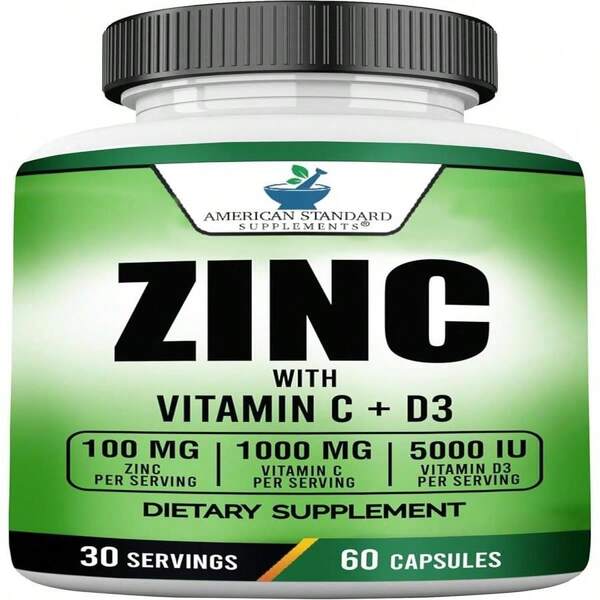 American Standard Supplements Zinc 100mg, Vitamin C 1000mg, And Vitamin D3 5000 IU (125mcg) Per Serving - Gluten Free, Non-GMO, 120 Capsules, 60 Servings