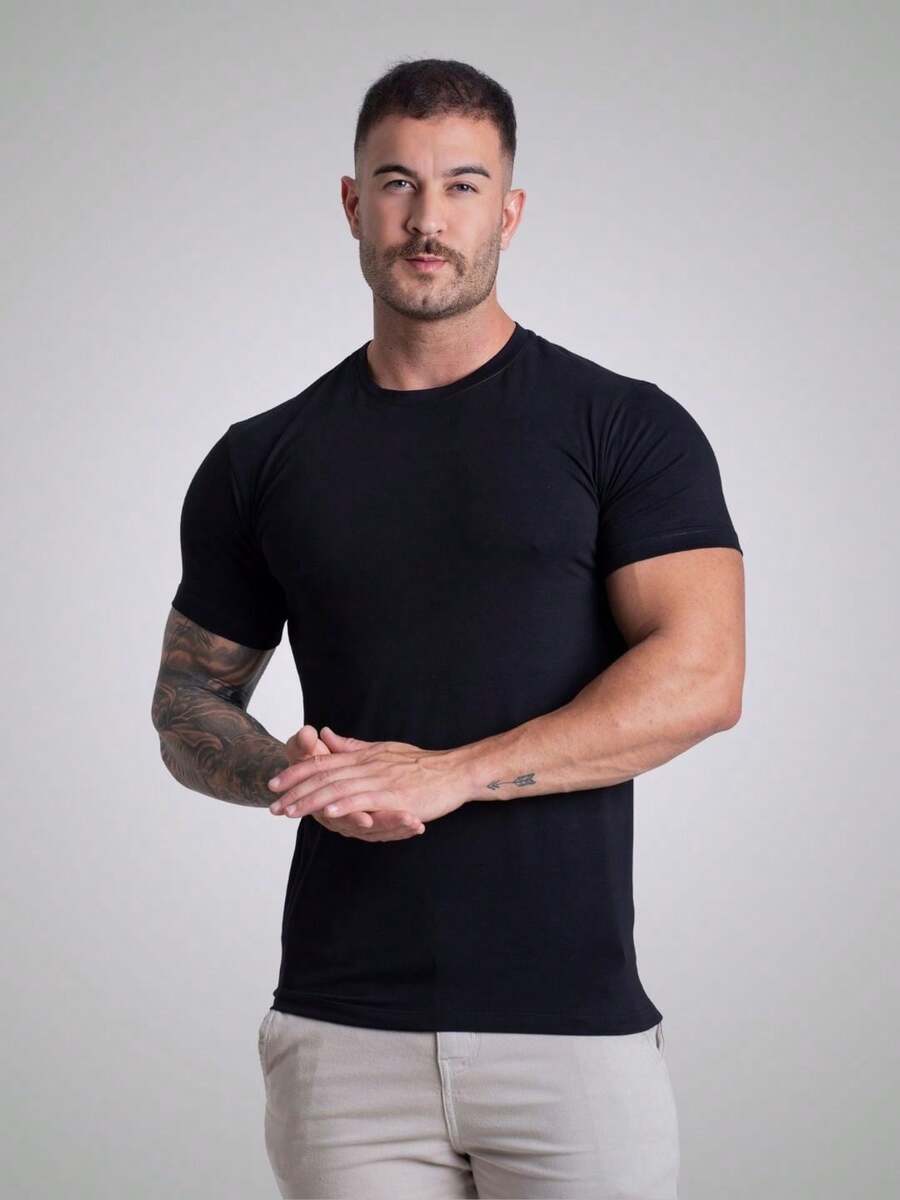 Men's Basic T-Shirt Egyptian Cotton Premium Slim Fit Shirt - 黑色 - 查看 1