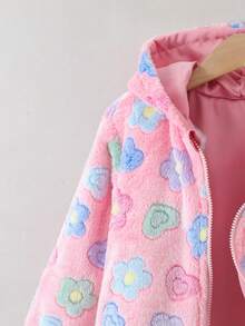 Girls' Warm & Soft Printed Fleece Reversible Long Sleeve Hooded Zip-Up Cardigan, Fashion Jacket For Autumn/Winter - Pink - View 8