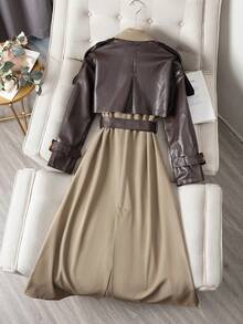 Women's Colorblock Double-Breasted Trench Coat With Contrast Pockets And Belt Spring - Coffee Brown - View 2