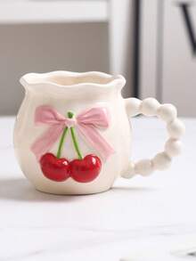 1pc Cute 3D Bowknot & Cherry Ceramic Coffee Mug, Romantic Dotted Yogurt Cup, Water Cup, Unique Creative Milk Cup, Suitable For Afternoon Tea, Daily Afternoon Tea / Best Choice For Girlfriend Gathering