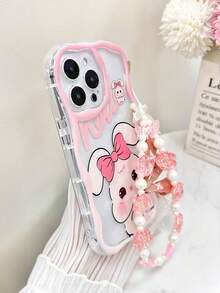 Ốp điện thoại chống rơi màu hồng bóng, chất liệu kem, viền lượn sóng, in hình chú heo và thỏ dễ thương, kèm phụ kiện vòng tay đính hạt thủ công. - Nhiều màu - Xem 5
