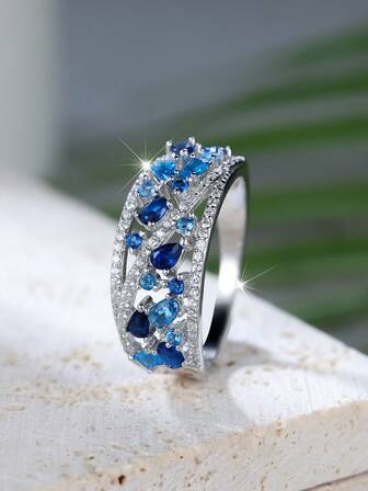 Royal 925 Sterling Silver Blue Crystal Water Drop Stone Ring Simulated Aquamarine Engagement Rings For Women Vintage Silver Color Wedding Party Ring
