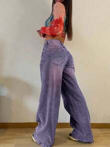 Celana Jeans Wanita Model Vintage Longgar dengan Potongan Lurus, Kasual untuk Musim Semi - Purple - View 4