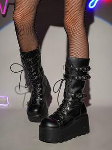 女式圆头朋克金属孔眼系带厚底靴，侧拉链过膝靴，时尚派对装，及膝靴，系带靴，秋季，秋冬 - 黑色 - 查看 6