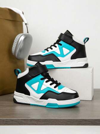 1 Pair Kids High-Top Casual Sports Shoes, Leather Upper Breathable, Easy On/Off, Lightweight Non-Slip Comfortable Fashion Color Block Design, Suitable For Boys And Girls