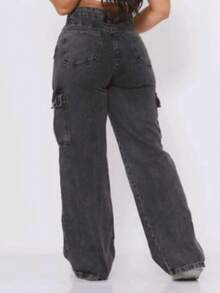 Women's Wideleg Cargo Graphite Jeans With Side Pocket - Black - View 2