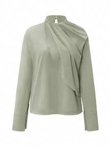 Women's Autumn Winter Casual Simple, High-End, Solid Color Small Stand Up Collar Long Sleeved Top, Semi Formal Solid Green Dress Shirt