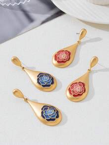 1 Pair Elegant Vintage Vibe Party Matte Metal Gold Water Drop Blue Enamel Rose Decor Women's Stud Earrings, Suitable For Formal Occasions