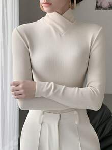 女士纯色针织交叉领打底衫，办公穿着，春季新款休闲款 - 杏色 - 查看 3