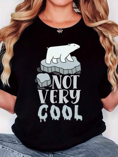 Women'S T-Shirt, "Polar Bear NoT VeRY CooL" Print, Retro Minimalist Fashion, Crew Neck, Casual Comfort, Sports Short-Sleeved T-Shirt