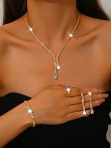 5pcs Luxury Rhinestone Embellished Necklace, Earrings, Bracelet And Ring Set For Women's Daily Commute, Wedding, Party And Holiday Gifts