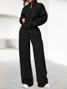 Womens Casual 2 Piece Sets Fall Outfits Quarter Zip Sweatshirts Straight Leg Pants Sweatsuits Tracksuit Valentine Vacation Spring Clothes For Women - Black - View 3