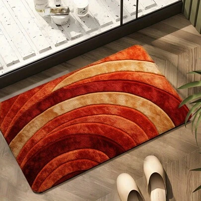 1pc Vibrant Orange & Red Ripple Flannel 2D Pattern Printing Bath Mat - Non-Slip, Washable, Absorbent Floor Mat For Bathroom, Living Room, Bedroom, Outdoor - Ideal Home Decor Accent, 100% Polyester, Bathroom Floor Mat. It's Not Real 3D, It's A 3D Pattern.