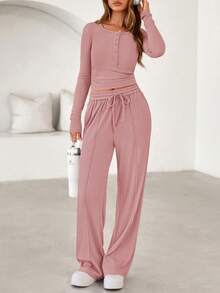 PRETTYGARDEN Women's Spring Fall 2 Piece Outfits Lounge Sets Long Sleeve Top Henley Shirts Wide Leg Pants Travel  Sweatsuit Set Women Clothes Home Clothes Going Out Outfits Sports Valentine Vacation Outfit For Women - 粉色 - 查看 1