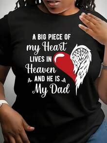 Women's New Casual Round Neck Letter Element Dad's Girl Angel Heart Print Pullover T-Shirt - Black - View 6