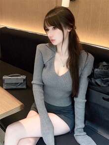 Sexy Slim Fit V-Neck Pullover Sweater, Accentuates Body Curves, Long Sleeve Knit Top