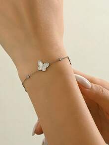 1入時尚白色貝殼蝴蝶鑲嵌鑽石不鏽鋼手鏈，優雅甜美的慶祝和節日配飾，女性必備 - 金黃色 - 查看 5