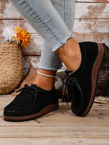 Plates à lacets à franges vintage, ambiance décontractée artistique, convenant pour le trajet et la sortie, design unique à franges, style rétro subtil, attrait mode, nouvelle arrivée automne/hiver - Noir - Voir 4
