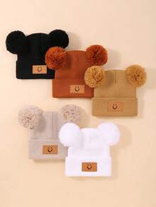 5件套婴儿秋冬帽子手套组合双球针织帽，圣诞节/感恩节礼物 - 彩色 - 查看 4