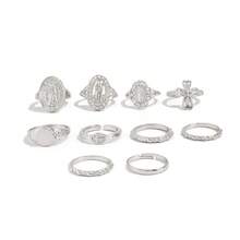 10PCS Hip Hop Diamond Crown Portrait Ring Set, Vintage Fashion Cross Jointed Ring Ring - Bạc - Xem 5