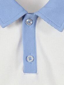 2 件儿童/男童校园风格千鸟格 Polo 领长袖 T 恤和松紧腰裤套装，秋季 - 藍白色 - 查看 4