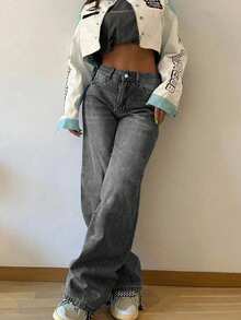 Quần jeans nữ ống đứng dáng rộng, xếp ly, kiểu vintage, thích hợp cho mùa xuân. - Xám - Xem 3
