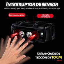 Lmpara de Cabeza Recargable Lmpara, Linterna Frontal LED Recargable, Linterna Frontal con 6 Modos de Luz con Sensor de Movimiento, IP68 Impermeable Foco para Camping, Excursin, Pesca, - blanco, cálido, rojo - Ver 6