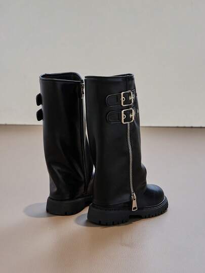 Mädchen Overknee-Stiefel, modische Reiterstiefel Herbst/Winter Neuer Stil 2025, schicke Schnallen-Riemen Falten-Schaft Stiefel (zufälliges Futter), Größe fällt klein aus, empfehlen eine Nummer größer zu bestellen für besseren Sitz