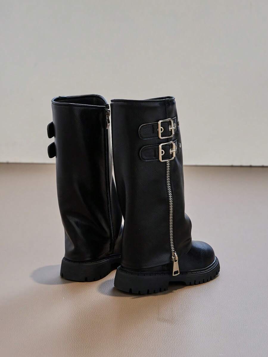 女童时尚过膝骑马靴，2025秋冬新款别致搭扣复古褶皱靴筒靴（内衬随机发货），【尺码偏小，建议选购大一码以获得更合脚的穿着体验】