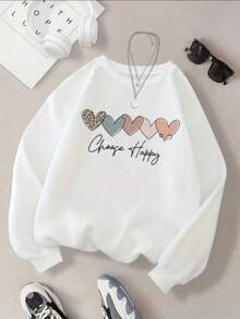 Sudadera Cuello redondo, Deportiva Casual y a la Moda para Mujer, Adecuada para Otoño e Invierno, Cómoda y Suave, con estampado de CR Cinco corazones de colores, letras negras - Blanco - Ver 1