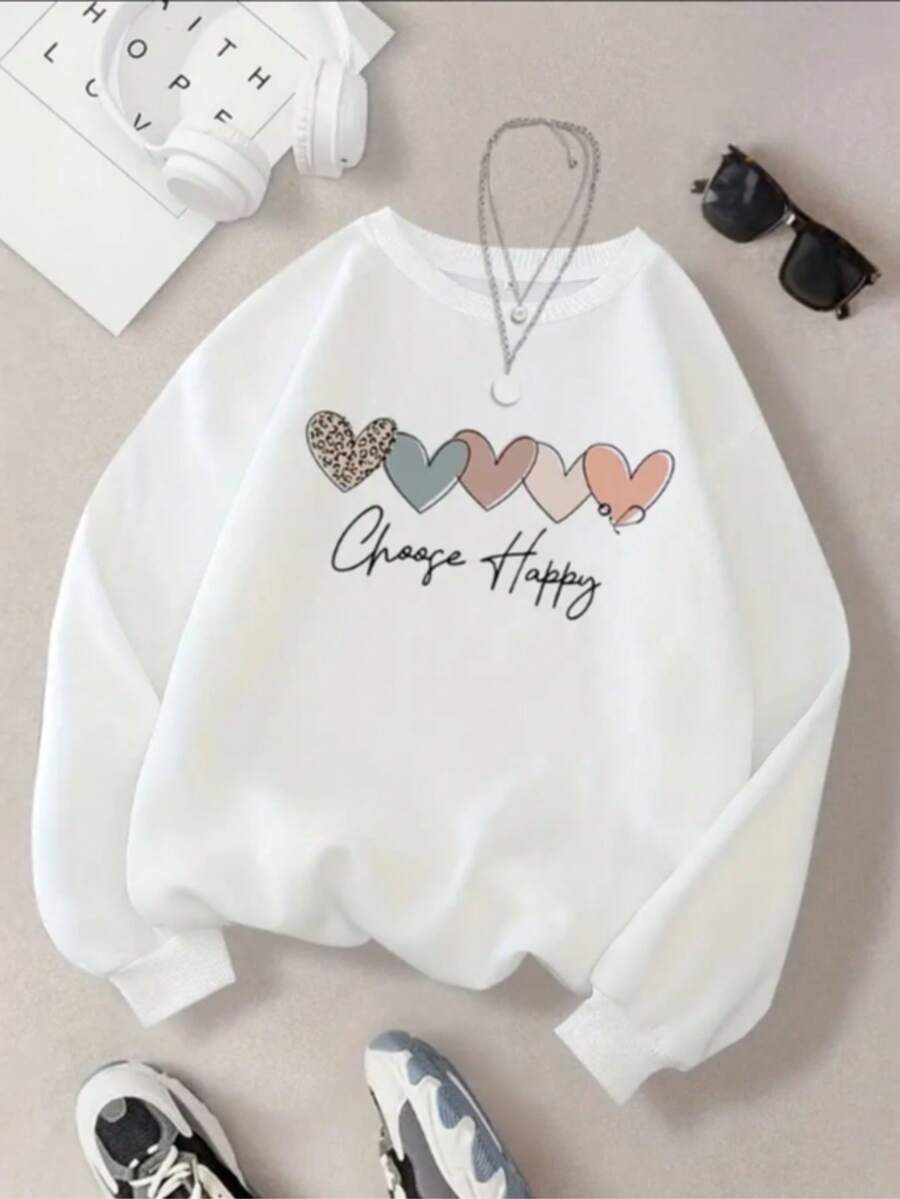 Sudadera Cuello redondo, Deportiva Casual y a la Moda para Mujer, Adecuada para Otoño e Invierno, Cómoda y Suave, con estampado de CR Cinco corazones de colores, letras negras - Blanco - Ver 1