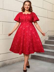 AOMEI Vestido acampanado de mujer con mangas cortas abullonadas, estampado floral jacquard, corte evasé, vestido vintage para fiestas y bodas