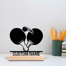 1pc Romantic Personalized Custom Text Ping-Pong Bats Metal Art With Wooden Base Tabletop DecorationParisian Desk Art With Wooden Base, Perfect For Travel Lovers, Office, Cafe Decor Christmas Decorations Graduation Party Gift