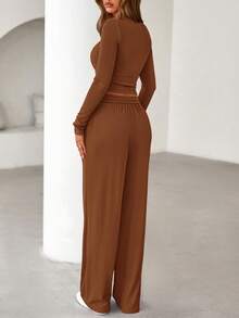 Women's Spring Fall 2 Piece Outfits Lounge Sets Long Sleeve Top Henley Shirts Wide Leg Pants Travel  Sweatsuit Set Women Clothes Home Clothes Going Out Outfits Sports Valentine Vacation Outfit For Women - 棕色 - 查看 2