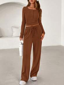 Women's Spring Fall 2 Piece Outfits Lounge Sets Long Sleeve Top Henley Shirts Wide Leg Pants Travel  Sweatsuit Set Women Clothes Home Clothes Going Out Outfits Sports Valentine Vacation Outfit For Women - 棕色 - 查看 6