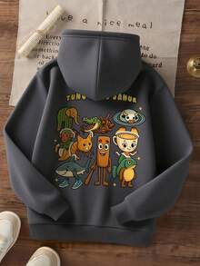 1件装男童休闲印花套头卫衣，保暖内衬，长袖，秋冬季