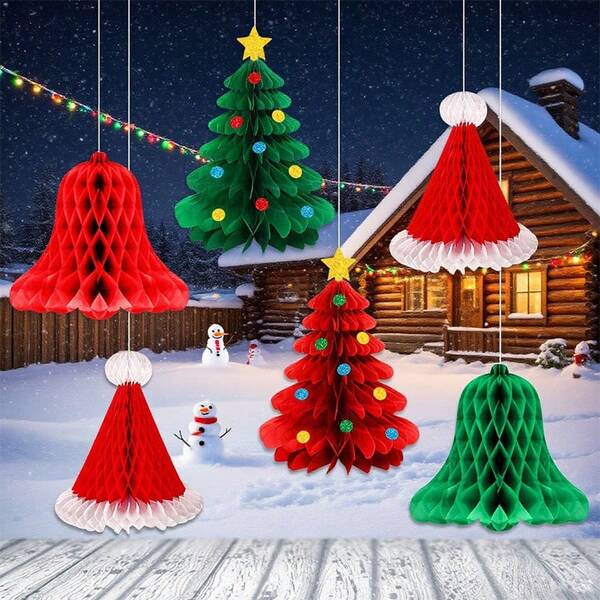 1/2/3pcs Festive Christmas Honeycomb Pendant Set - Colorful Paper Tree & Hat Bell Decorations For Winter & New Year Celebrations, Ideal For Holiday Tree Ornaments, Christmas Decorations