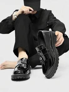 Men's Casual Thick Sole Slip-On Increased Height Solid Black Leather Shoes, Student Flat Shoes, Formal Business Shoes, Fringe Casual Work Boots Wedding Accessories